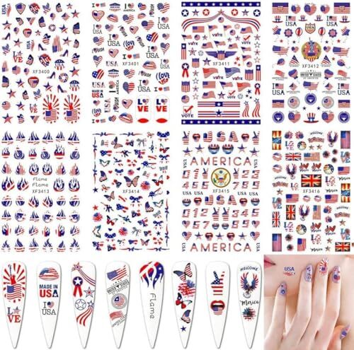 8sheets 4th of July Nail Art Stickers 3D Self-Adhesive American Flag Patriotic