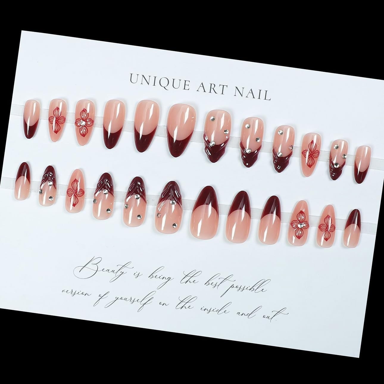 Red French Tip Press on Nails Almond – Medium Flower Fake Nails with 3D Cryst…