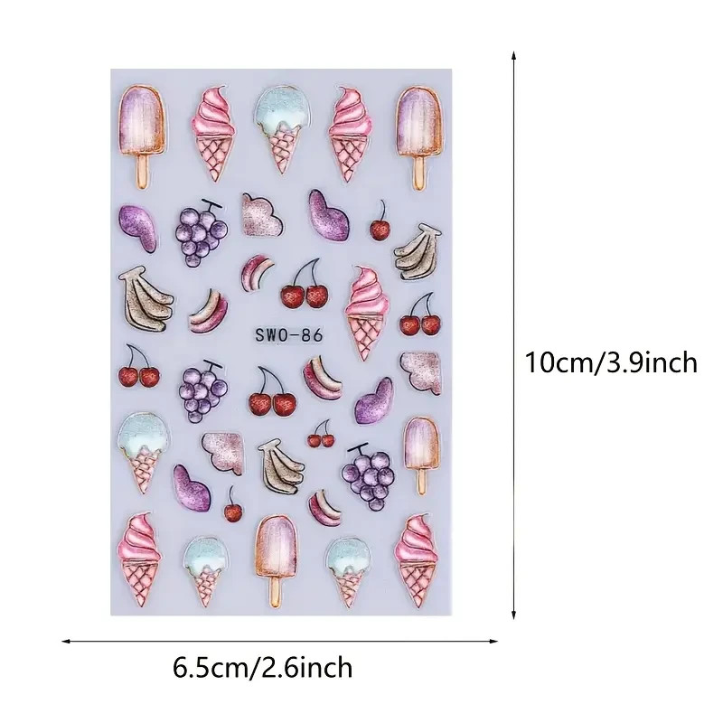 Nail Art Stickers Decals 5D Ice Cream Fruit Glossy Summer Treats Cute Design