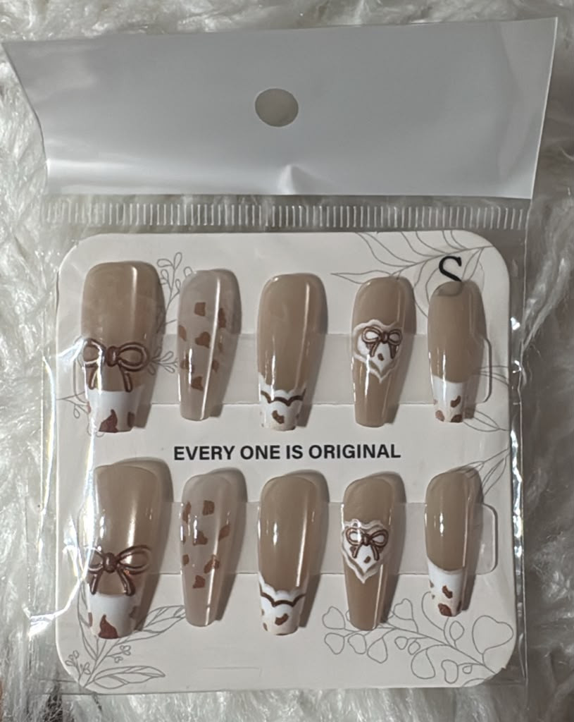 Warm Taupe Nude Coquette Bow Press-On Nails – Glossy Coffin Nails – Small