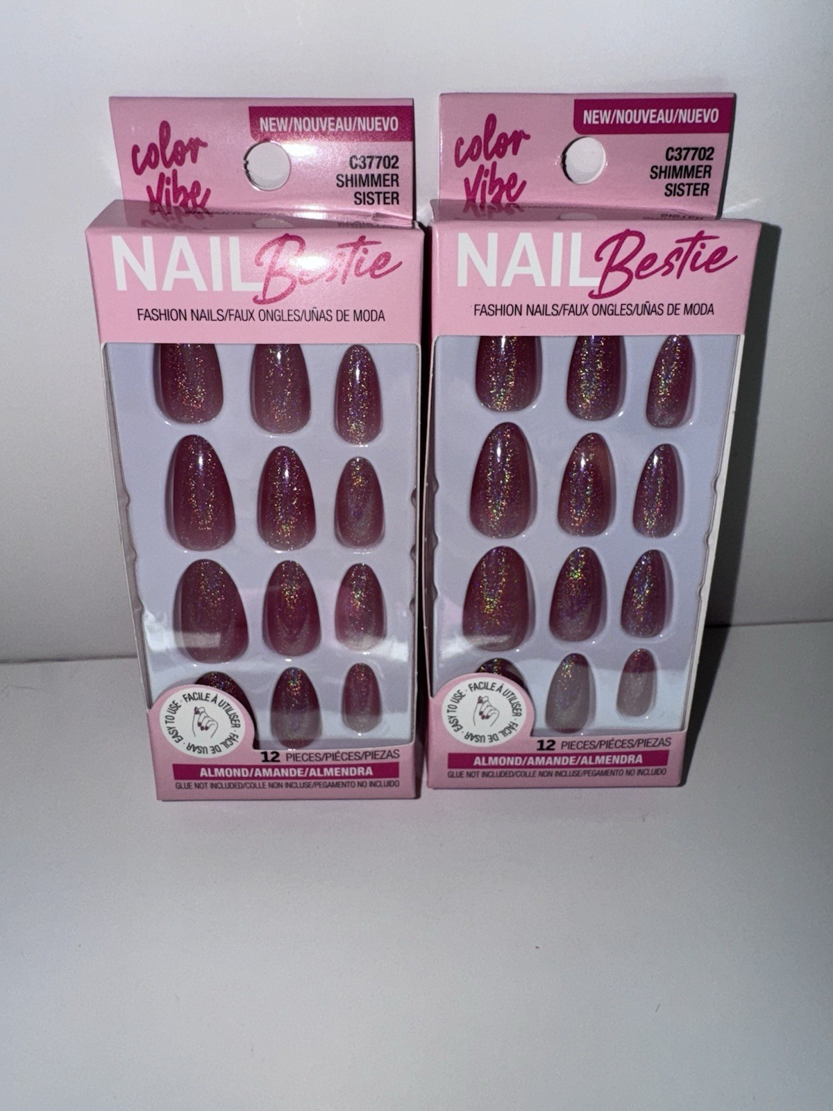 2 PACK Sparkly Pink Press On Nails 12 Nails Per Pack 24 Nails Total Super Cute