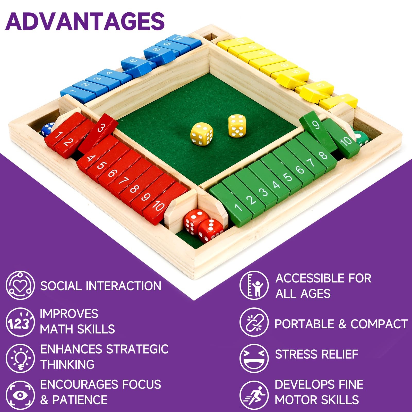 Kiapeak 1-4 Players Shut The Box Dice Game, 10 22 x 22 x 0.1 cm, Colorful
