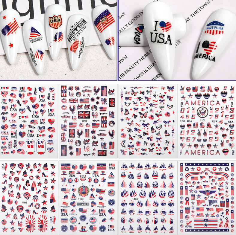 American Flag Star Heart LOVE July Memorial Day Butterfly 3D Nail Sticker NS3
