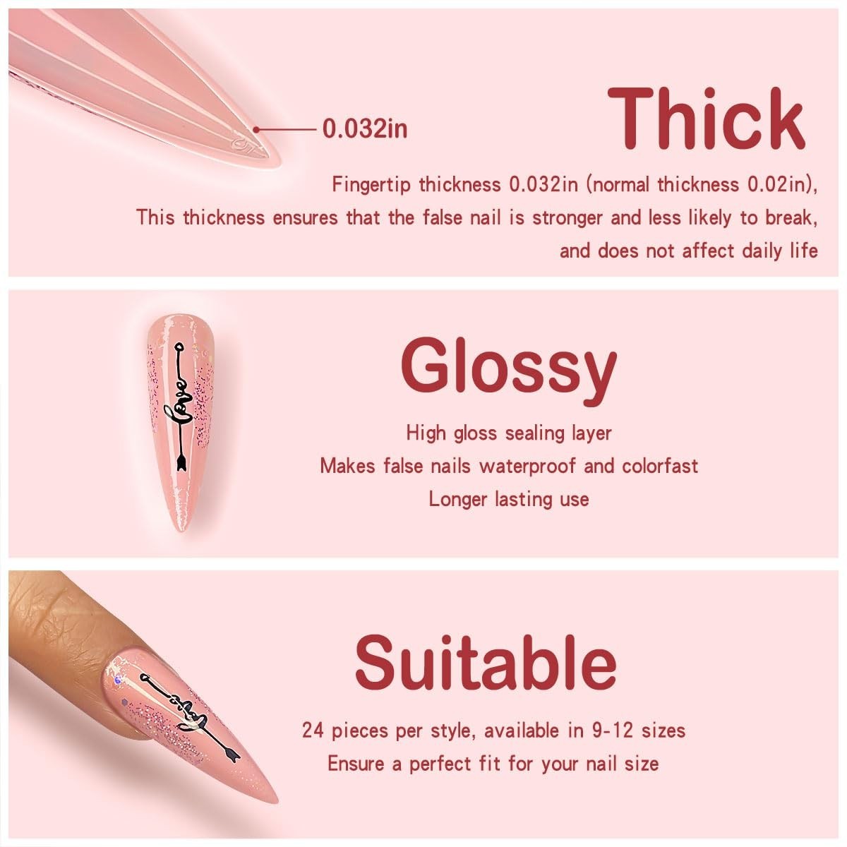 Pink Stiletto Press on Nails Extra Long Fake Nails With Designs Valentines Da…