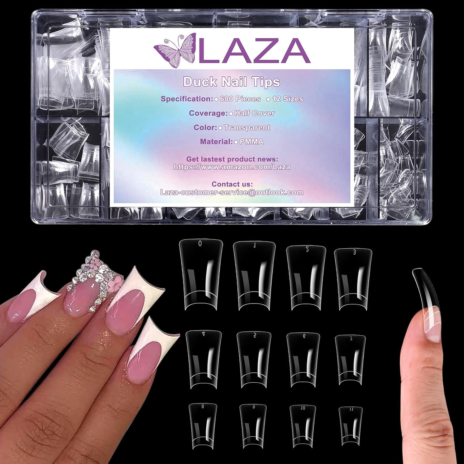 600Pcs Medium Length Duck Nail Tips 12 Sizes Box-Packed Clear Duck Nails Half Co