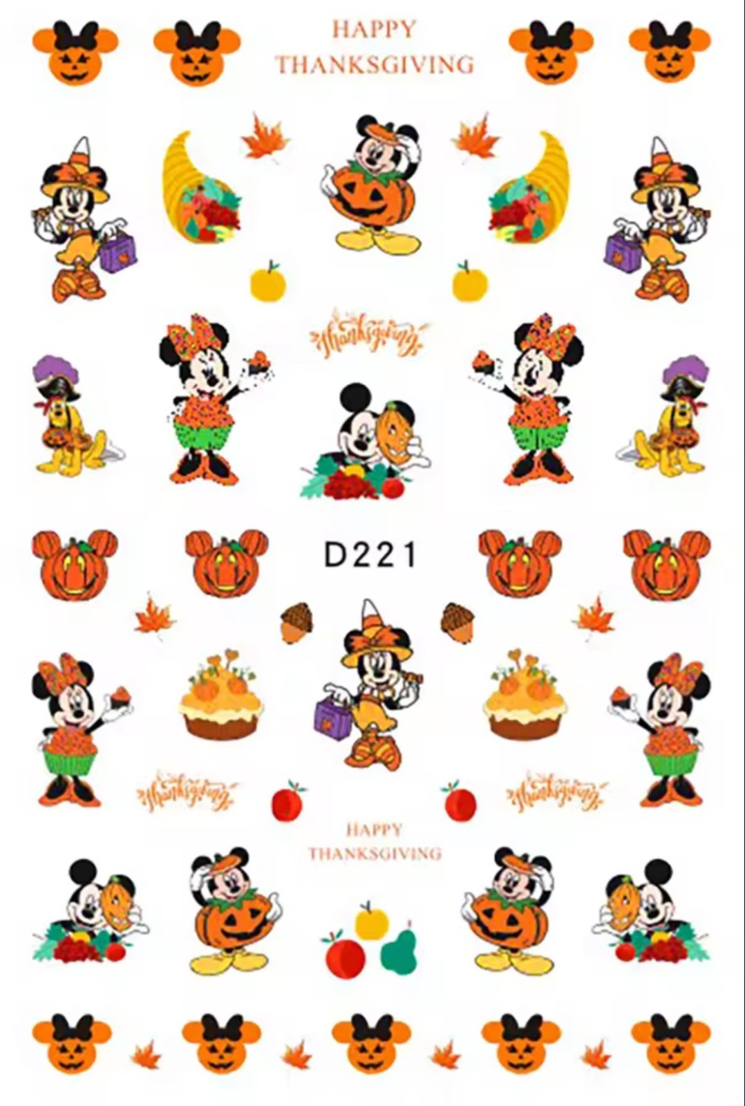 Nail Art Stickers Autumn Thanksgiving Mickey & Minnie Disney Cute Cartoon D221