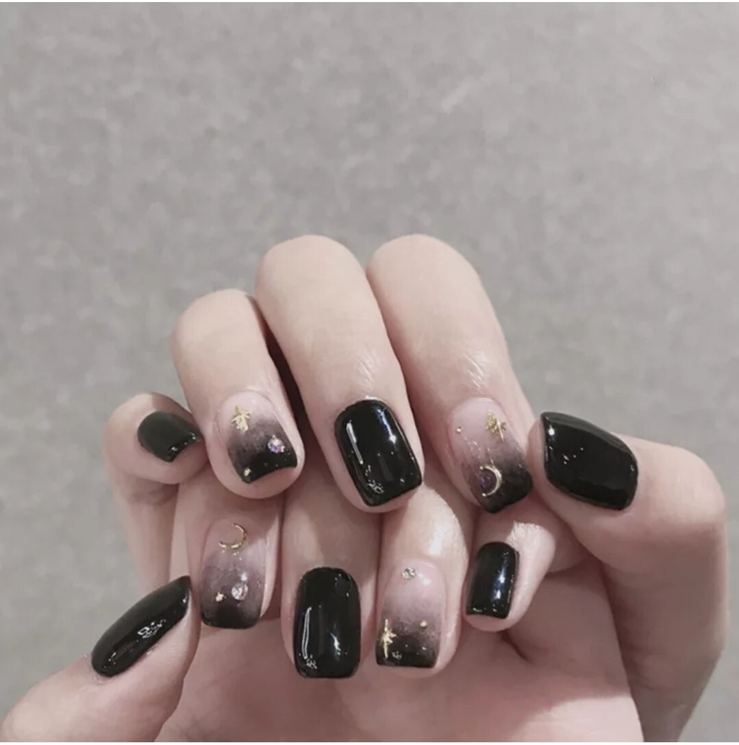 24 Short Goth Black moon celestial Press On Nails w/ Glue clear ombre gems