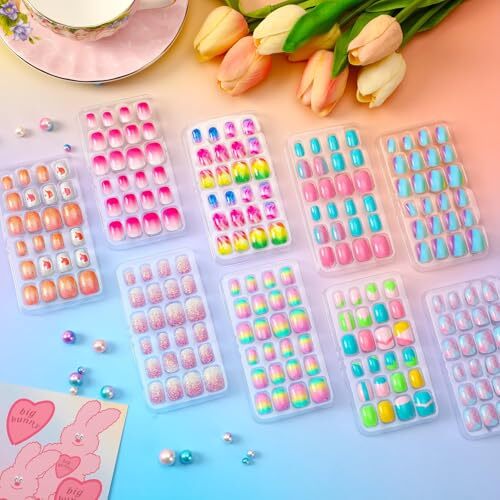 216Pcs 9 Pack Kids Press on Nails Grils Full Cover Short False Gradient Style