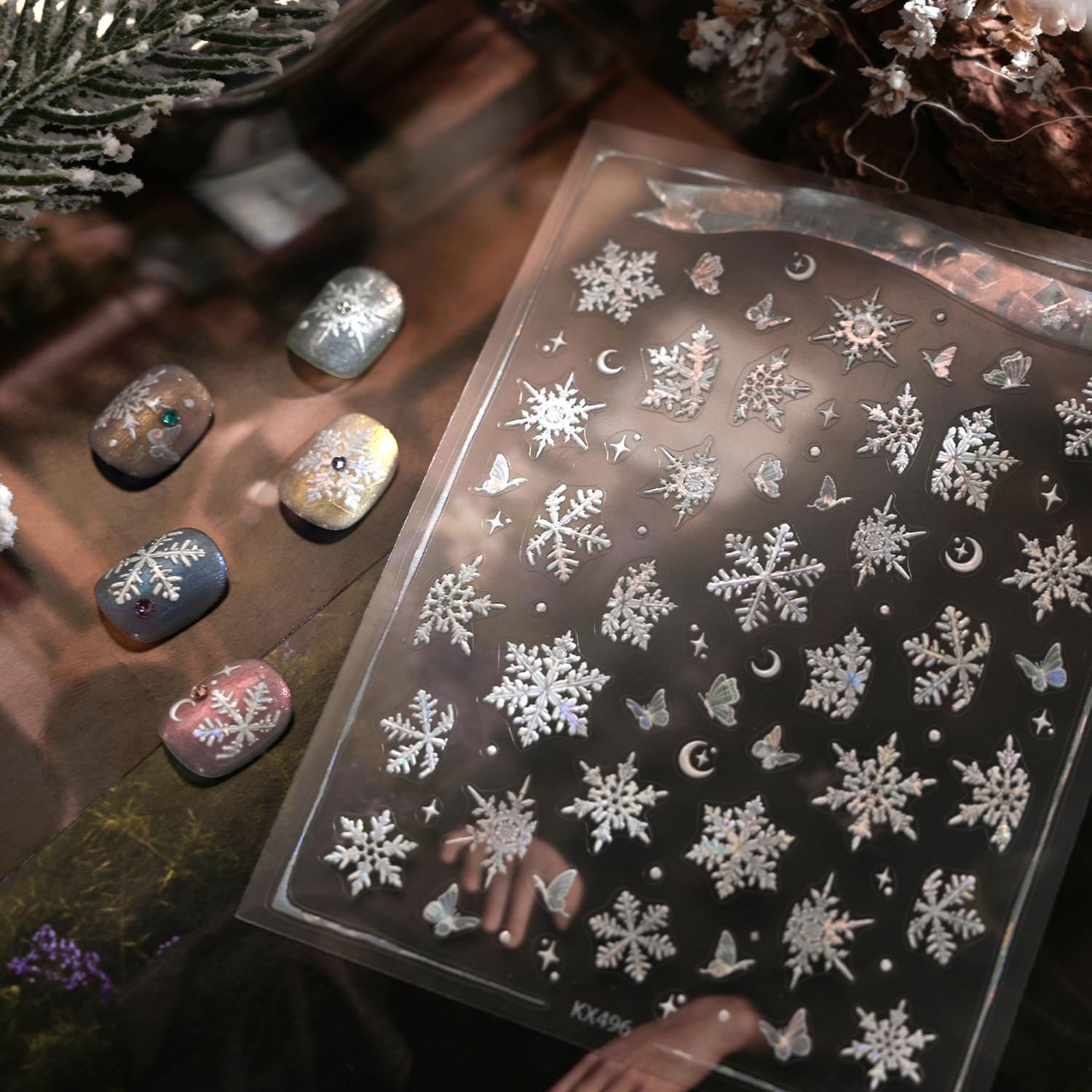 Winter Snowflake Nail Art Stickers, Blue White, 2 Sheets | 5D Embossed, Self-Adh