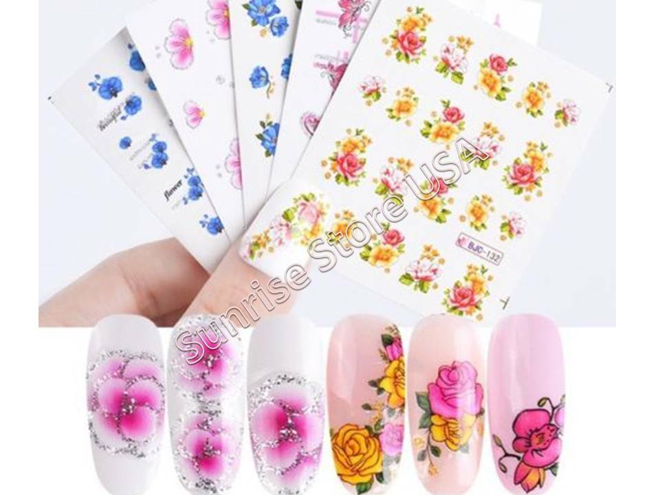 Nail Art Water Transfer Sticker Glitter Flower Floral Decals Manicure
