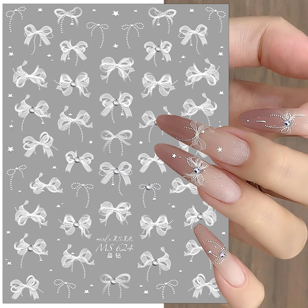 White Lace Bow Nail Stickers for Nail Art Supplies Cute Nail Bows Ribbon