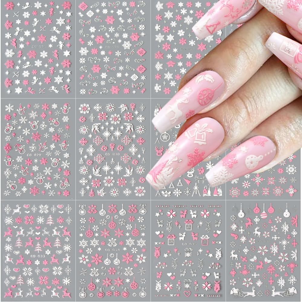 Christmas Nail Art Stickers, 8Sheets 5D Embossed Snowflake Nail Decals Pink Whit