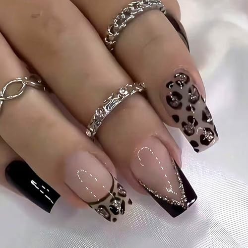 French Tip Press on Nails Leopard Medium Square False Leopard Black French Tip
