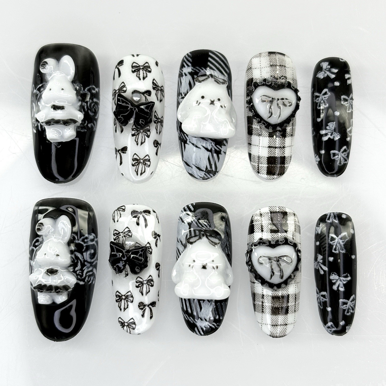 Goth Grunge Black Press On Nails Handmade 3D White Bunny Houndstooth Nail Art