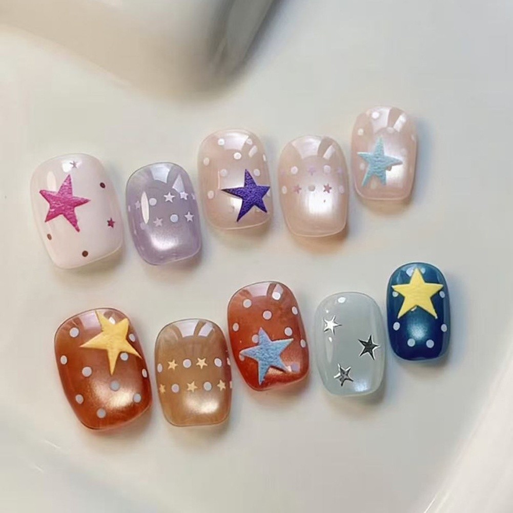 30 pcs Glitter Cat Eye Nails with Star Design Removable Press On Nails