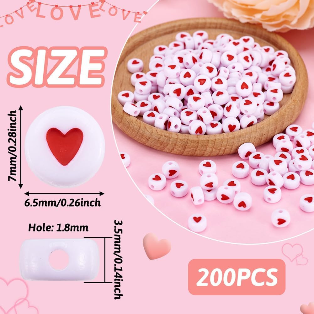 200Pcs White Acrylic Red Heart Beads Flat round Love Heart Disc Coin Pony Beads