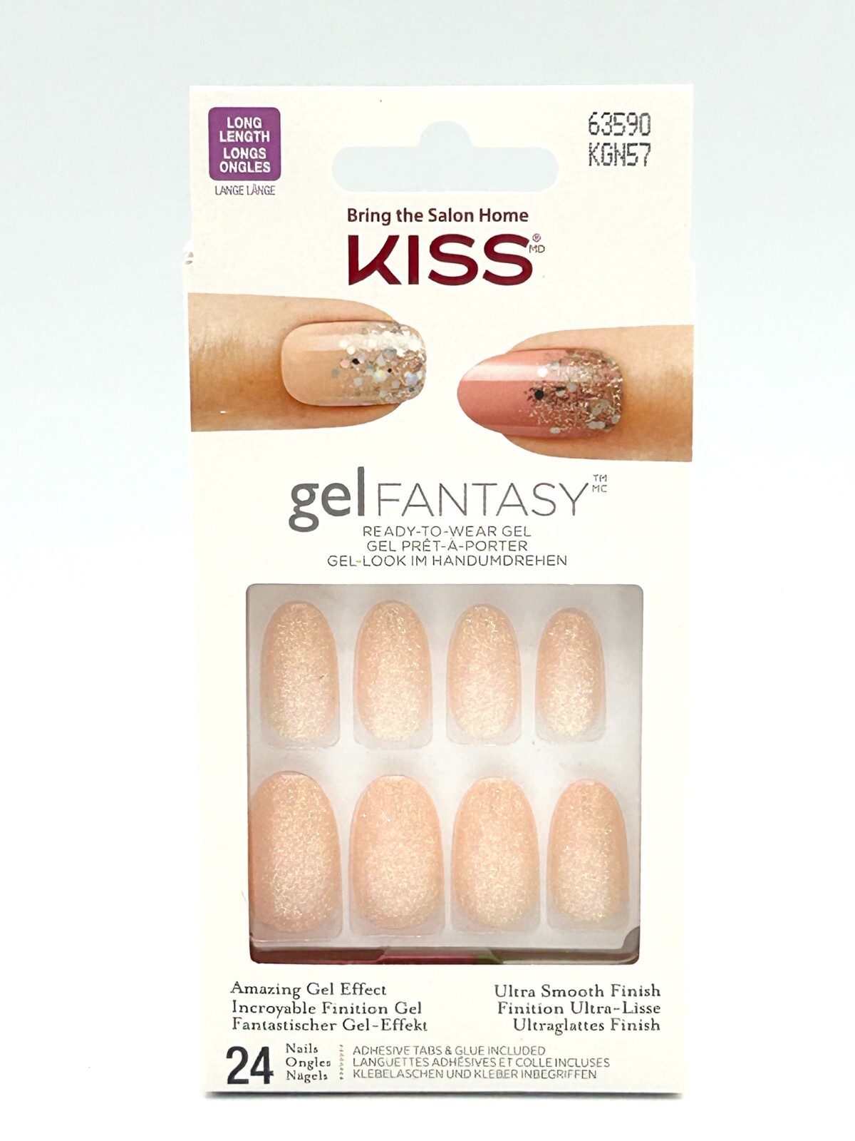 Kiss Glue-On Nails, Long-Length Peach Glitter Smooth Finish, Glue Included 63590