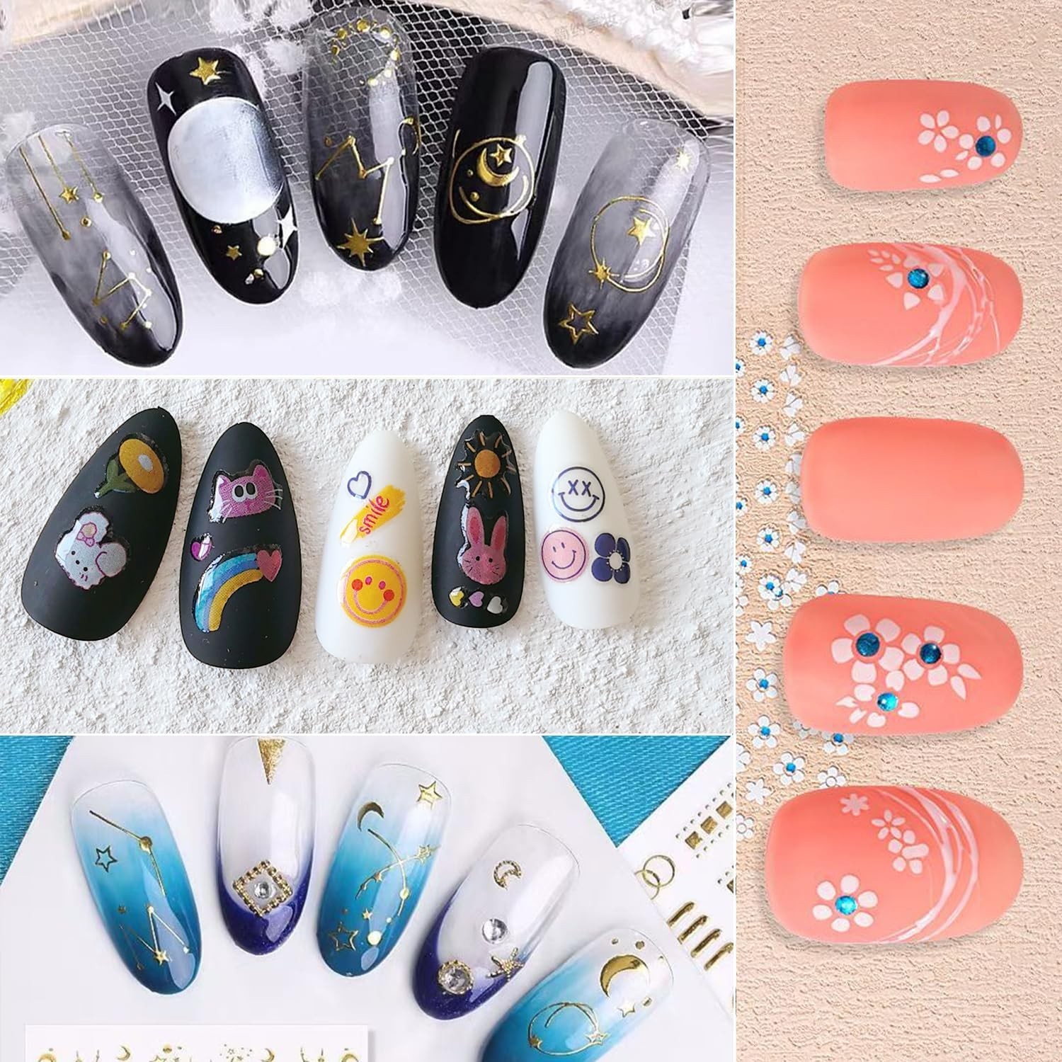 90 Sheets 3D Floral Nail Art Stickers with Rhinestones & Storage Book, 5000 Piec