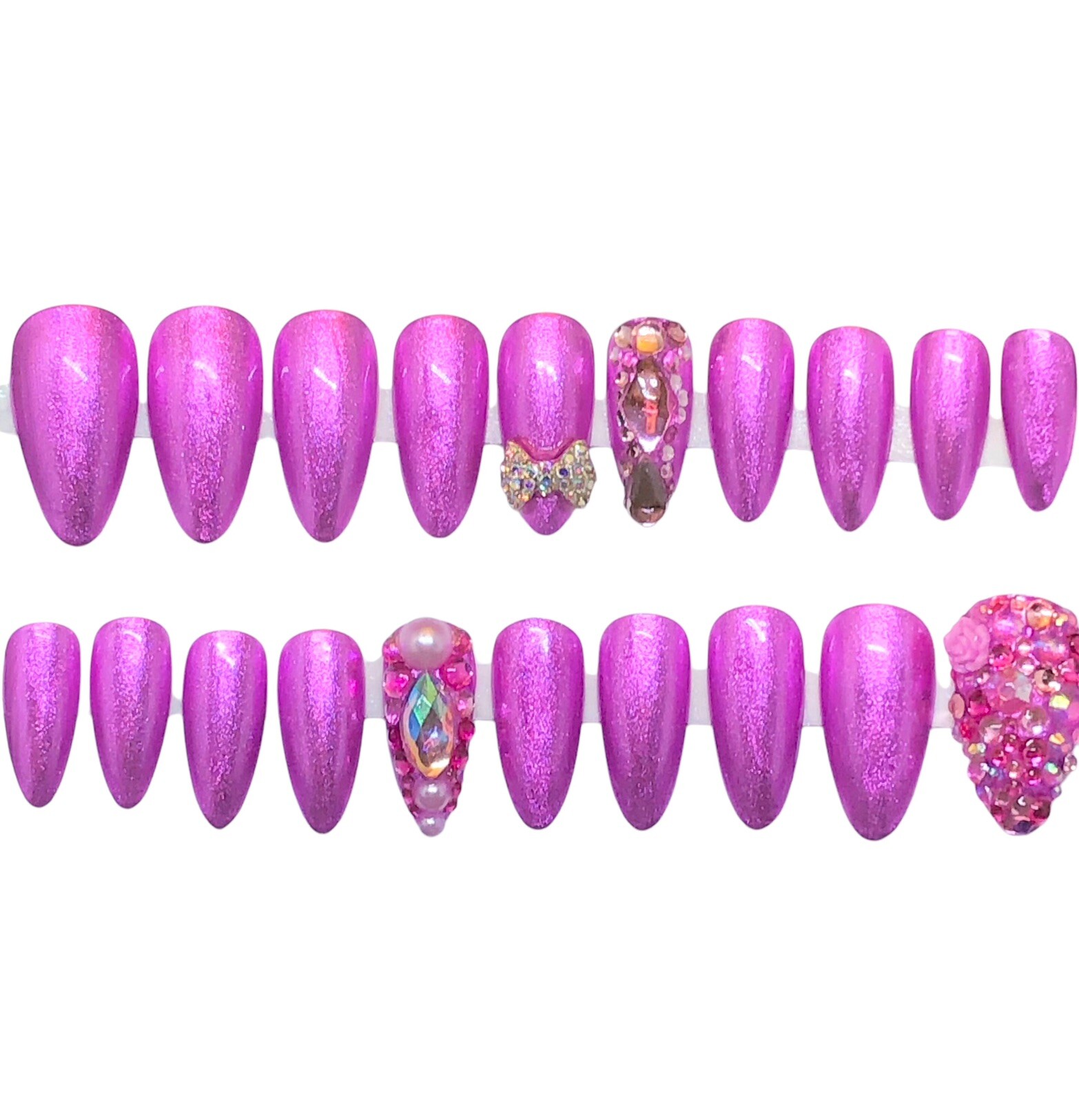 Handmade UV Gel Press On Nails Medium Length Almond Shape Pink Metallic & Bling