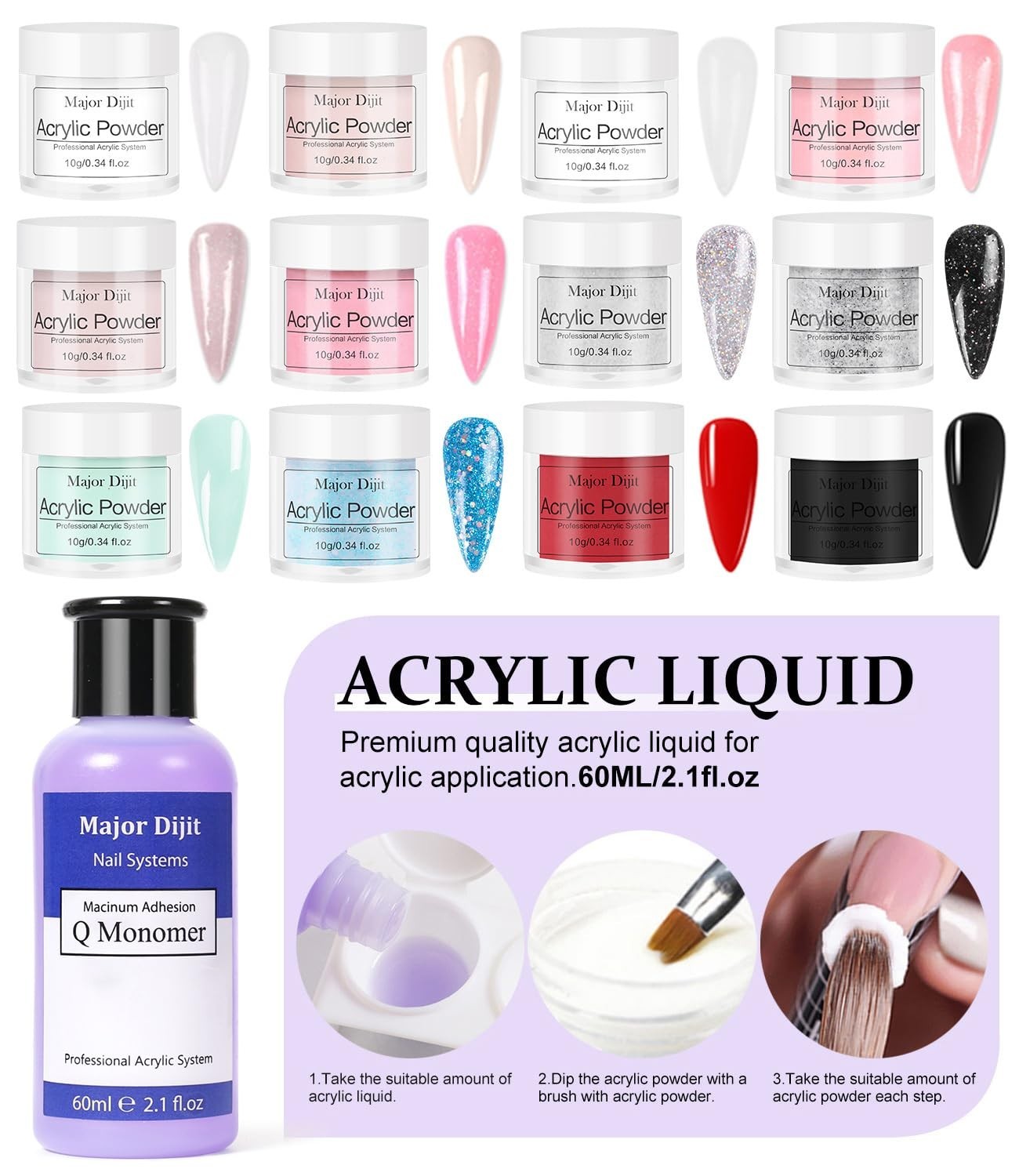 Major Dijit Acrylic Nail Kit with Nail Lamp, 0.35 oz White Clear Pi… Fast Ship