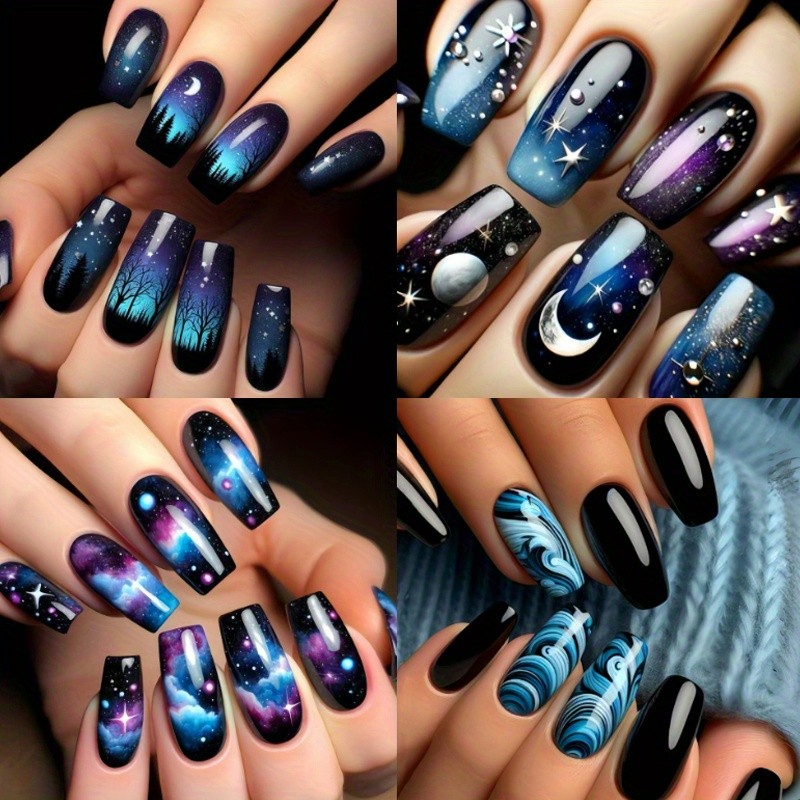 96PCS(4Pack) Cosmic Galaxy Press On Nails Night Sky Ready-to-Wear Wearable Nails