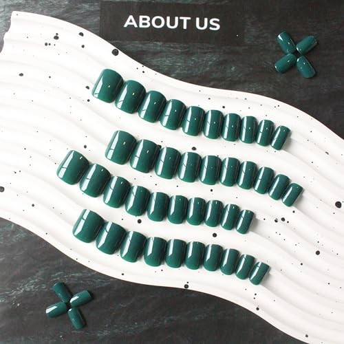 48 Pcs Dark Green Press on Nails Short Square, Acrylic Artificial Nail color a