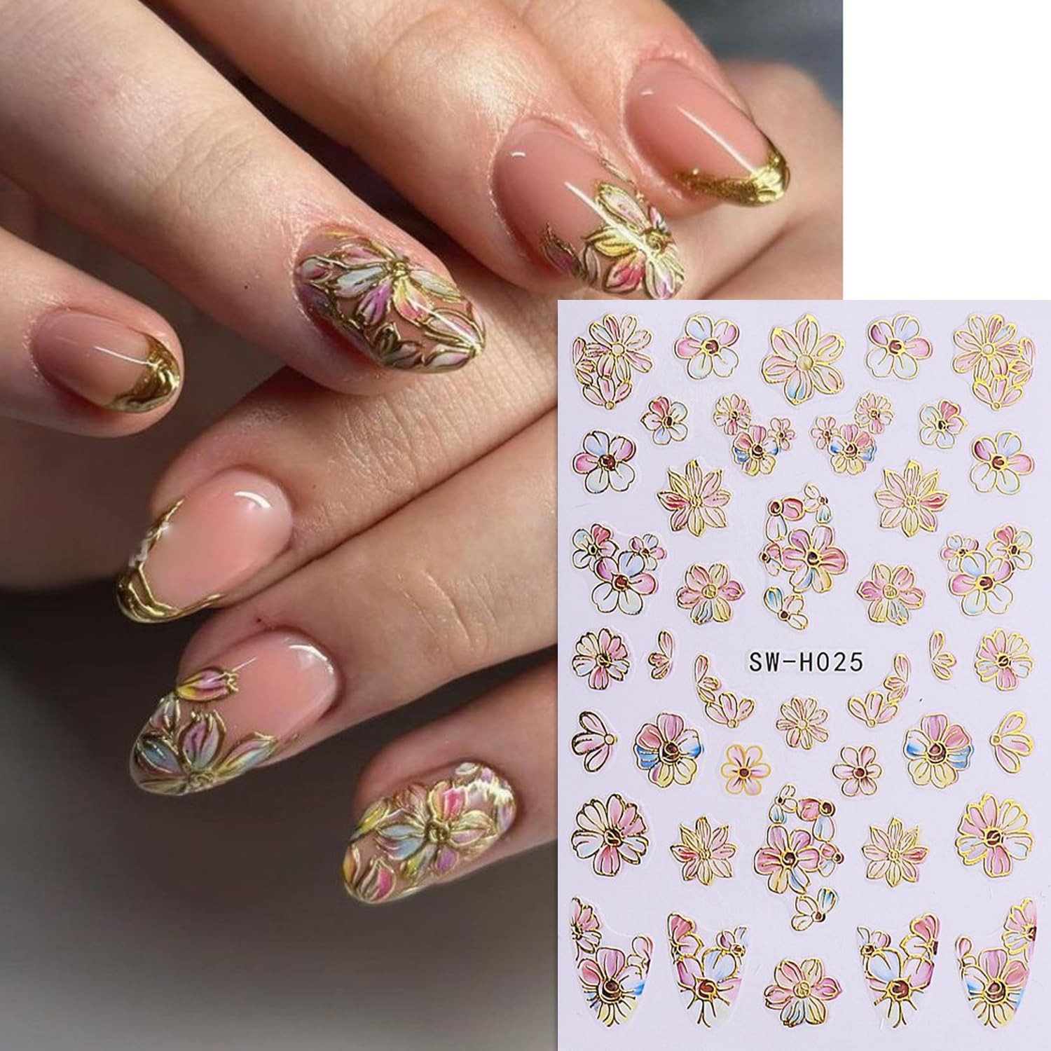 Spring Nail Art Stickers,Summer Flower Butterfly Nail Sticker Golden Edge Flo…