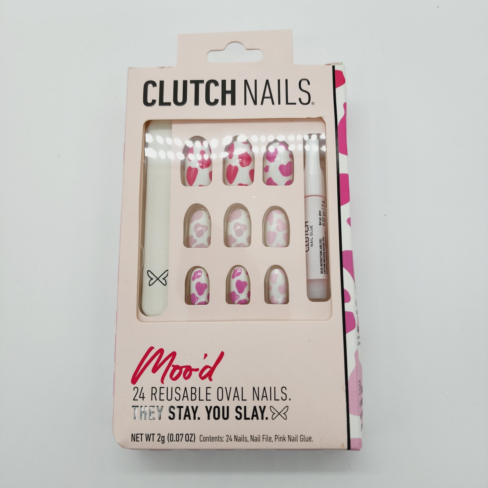 2 Pack Clutch Nails Moo’d Pink Cow Print 24 Long Lasting Press On Nails