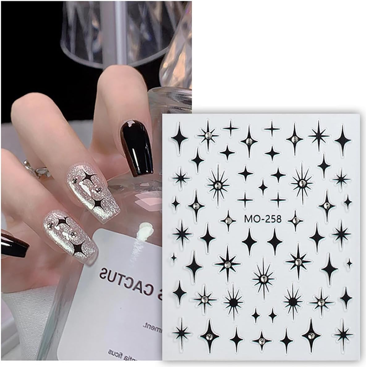 Star Nail Art Stickers Decals, 3D Self-Adhesive Shiny Crystal Black Silver Gold