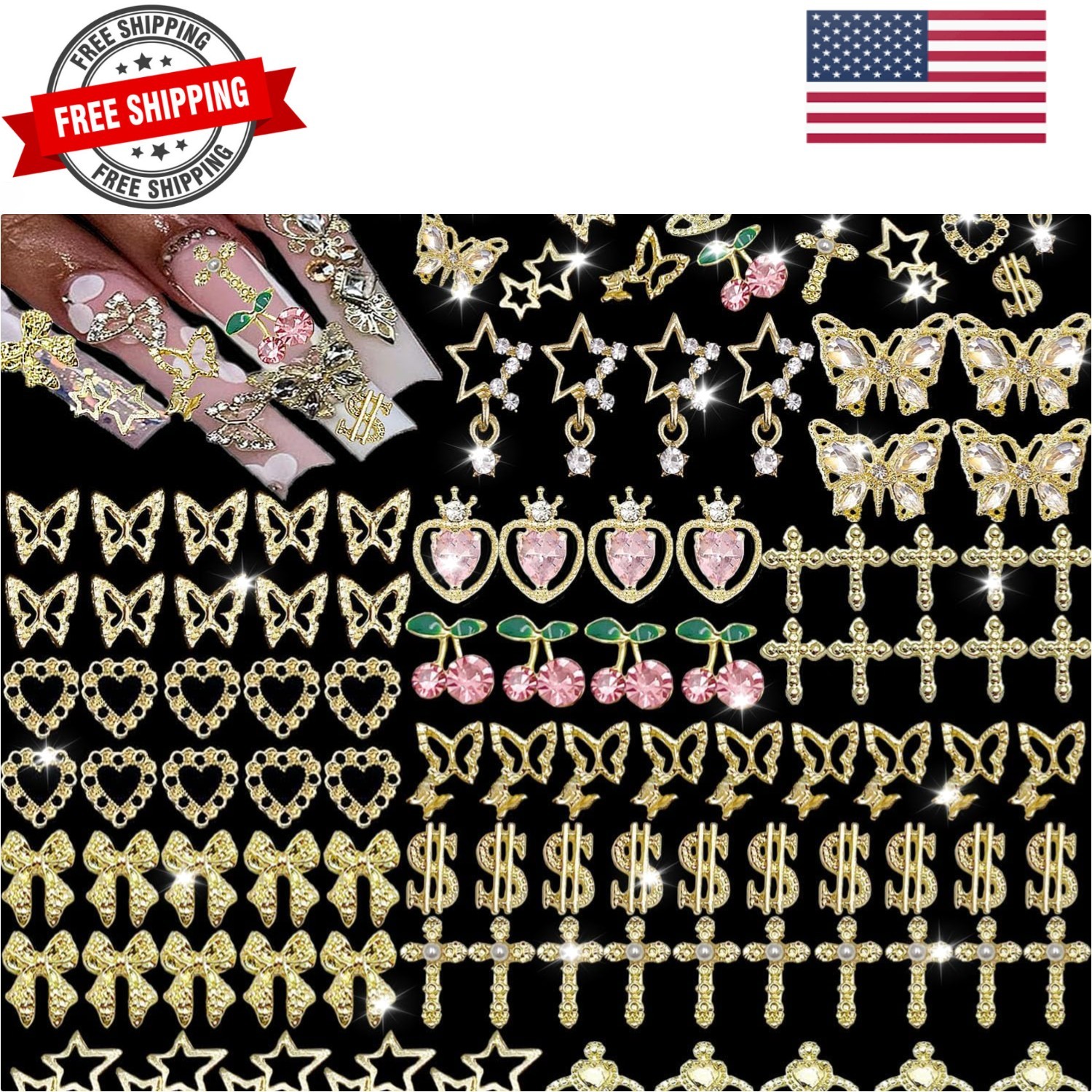 106 PCS Gold Nail Charms 3D Nail Art Charms Cherry Butterfly Cross Bow Star H…