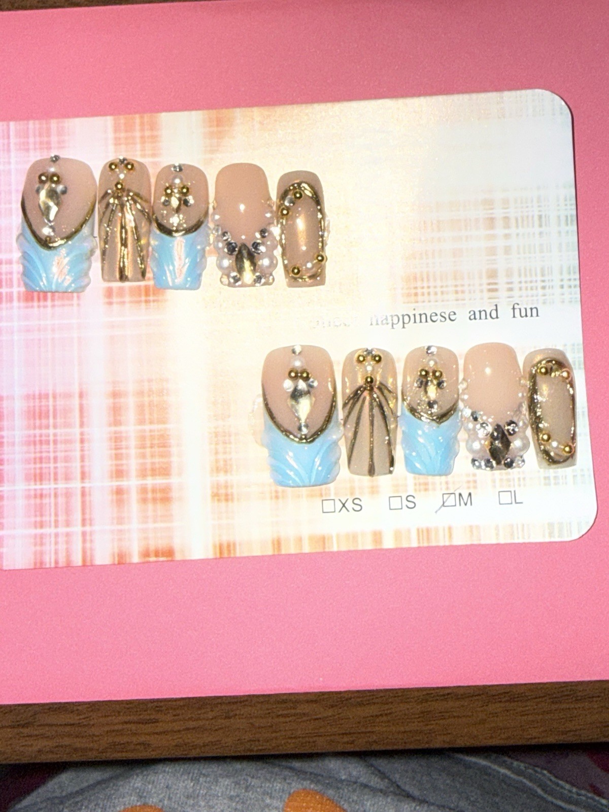 Blue And Gold 3D Art Boho Press On Nail Medium Sized Set