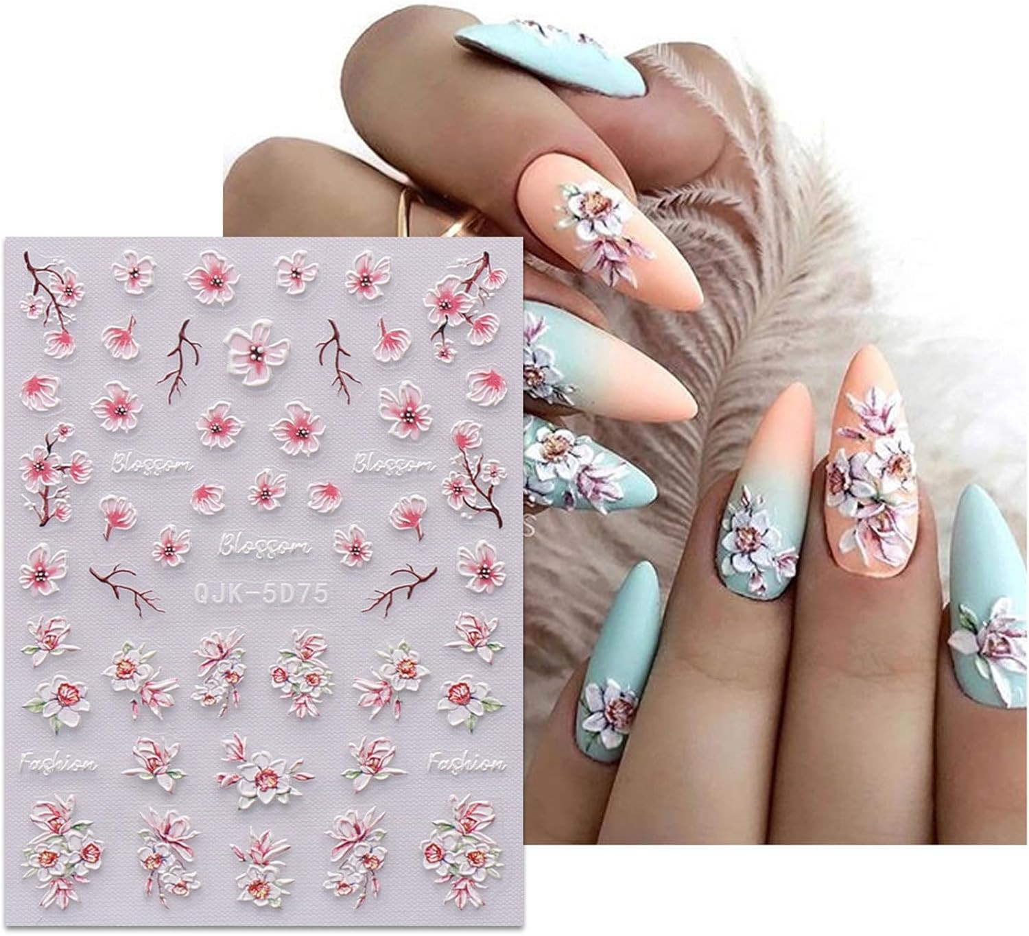 6 Sheets 3D Embossed Spring Flower Nail Art Stickers Decals Self-Adhesive Pegati