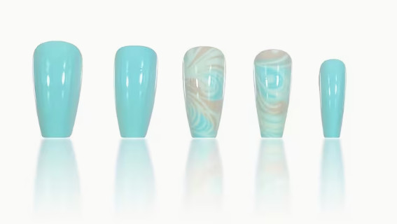 24 Pcs Press-On Medium Coffin Shiny – Blue Solids and Blue Beige White Swirls