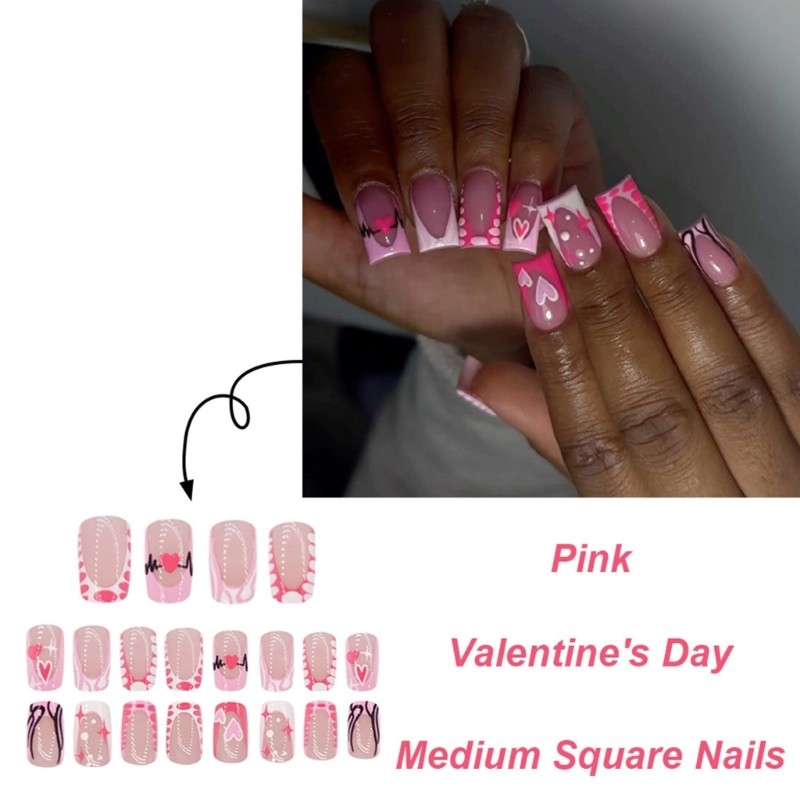 Lovely Pink Heart Designs Press on Nail Medium Square Nail for Fashion Women
