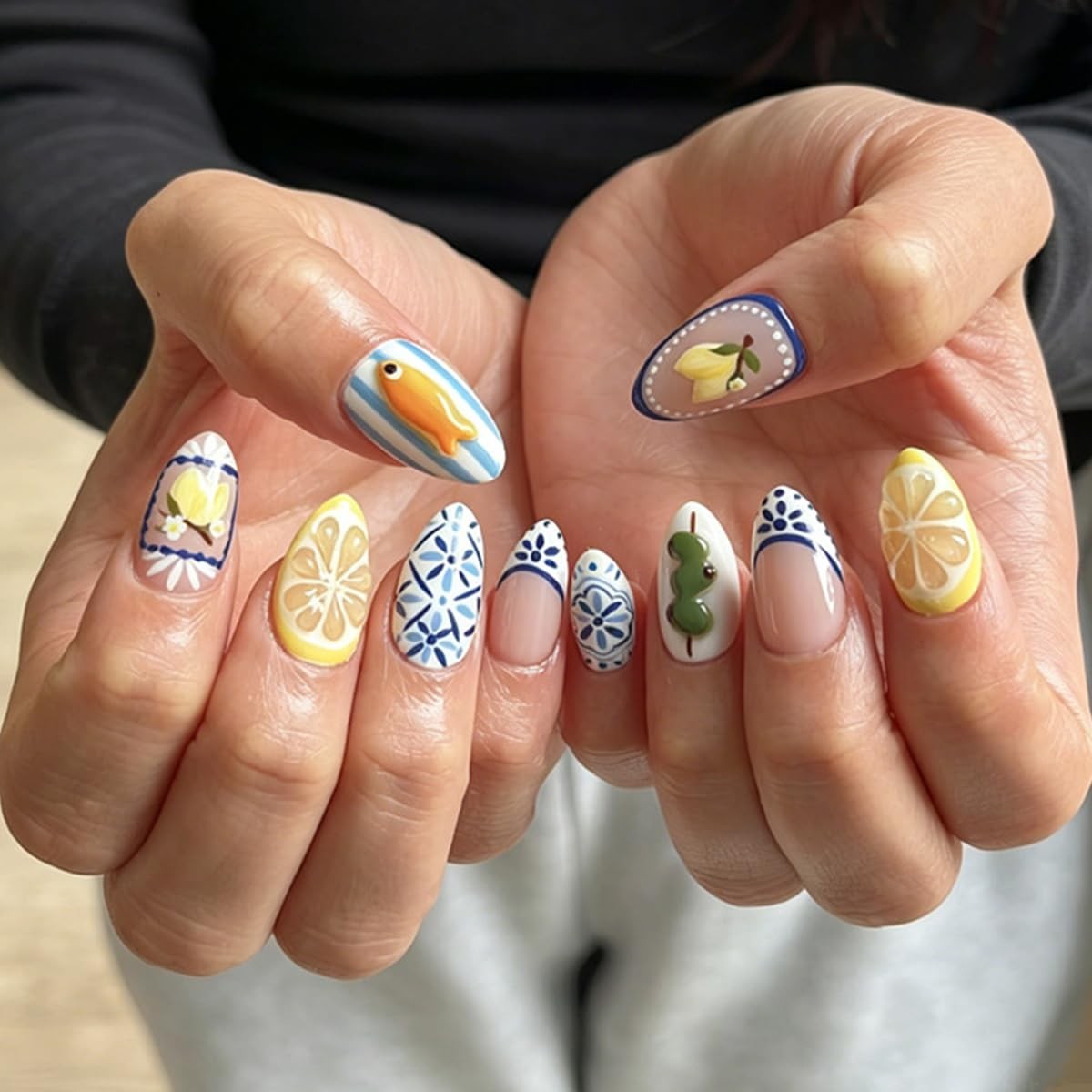 30Pcs Summer Press On Nails Almond Medium Fake Nails with 3D Goldfish Lemon a…