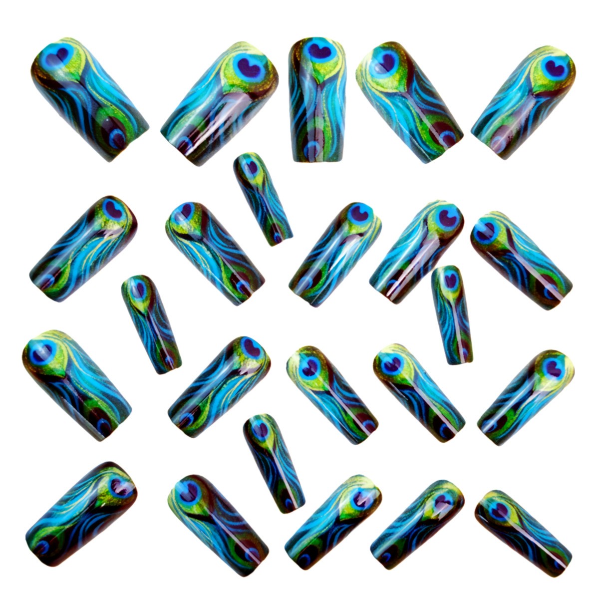 48Pcs Peacock Green Gold Press on Nails Feather Art Glossy Trendy Fake Nails