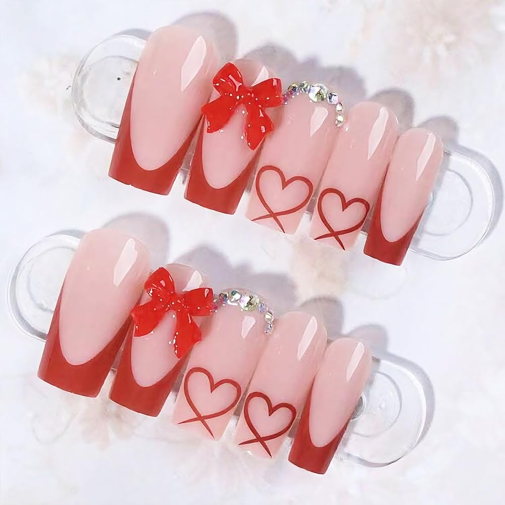 24PCS French Tip Acrylic Press on Nails for Girls, Square 3D Pink Bow Fake St…