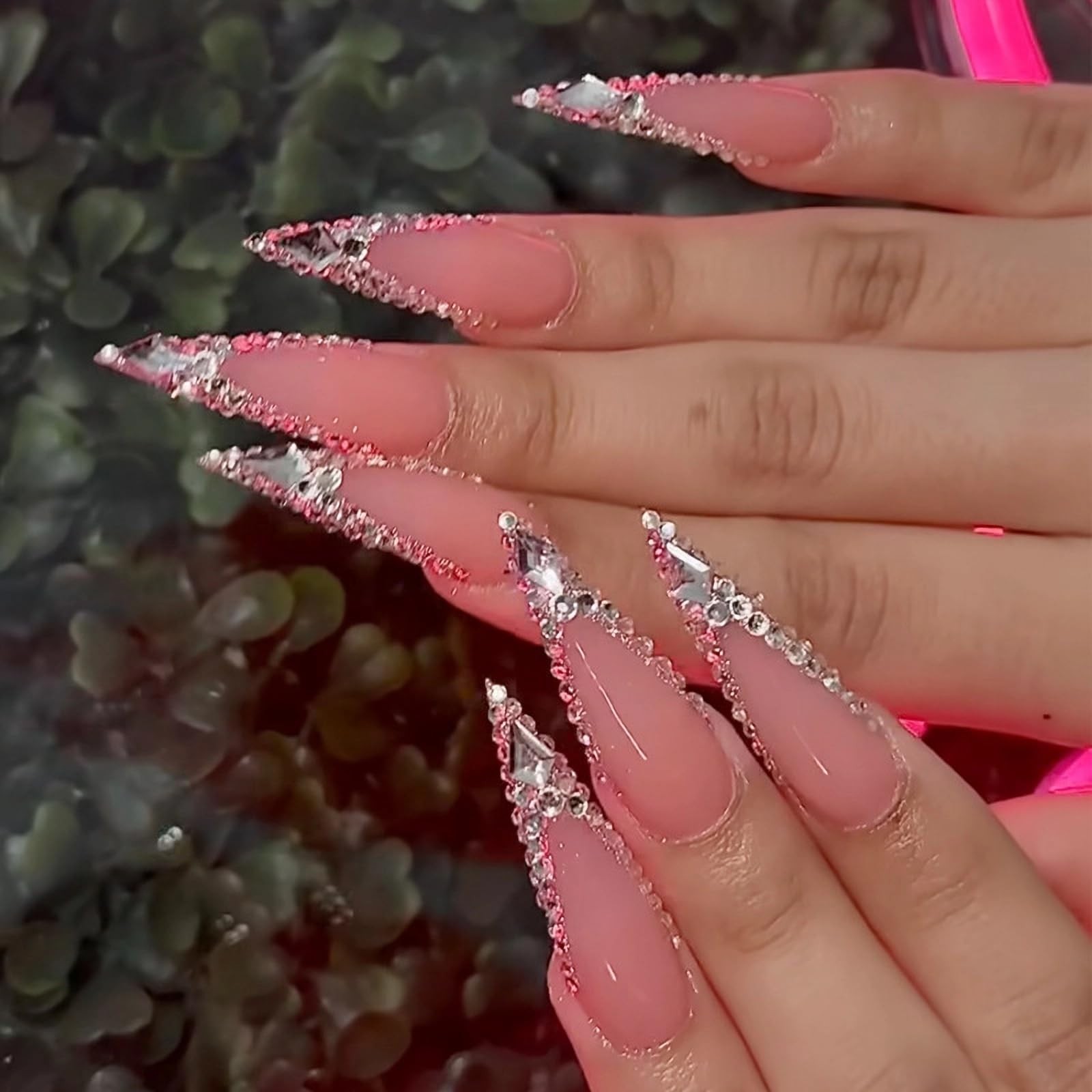 Press on Nails – Long Stiletto Glue on Nails with Bling Glitter, Acrylic Luxu…