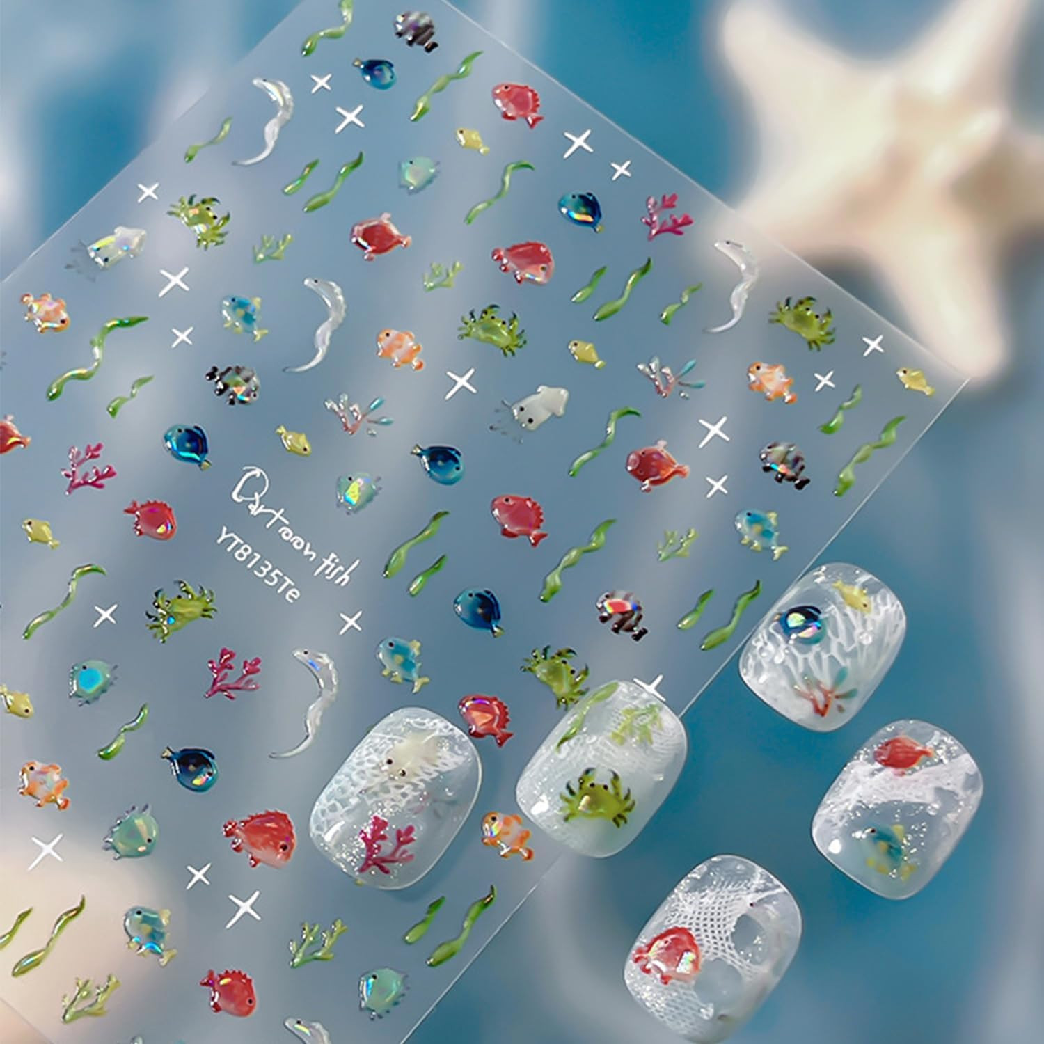 Aquarium Nail Stickers 1 PC 5D Ocean Fish Nail Decal Seaweed Coral Embossed Nail