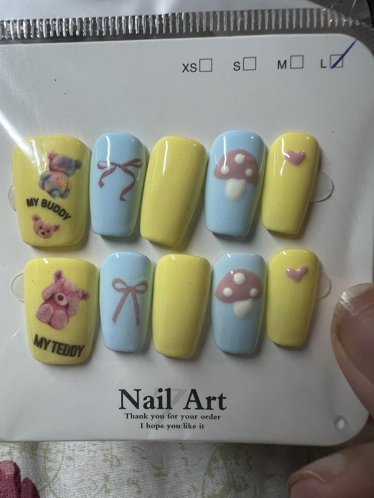 Long Square Press-On Nails Yellow Blue 3D Teddy Bear Mushroom Bow Full Cover