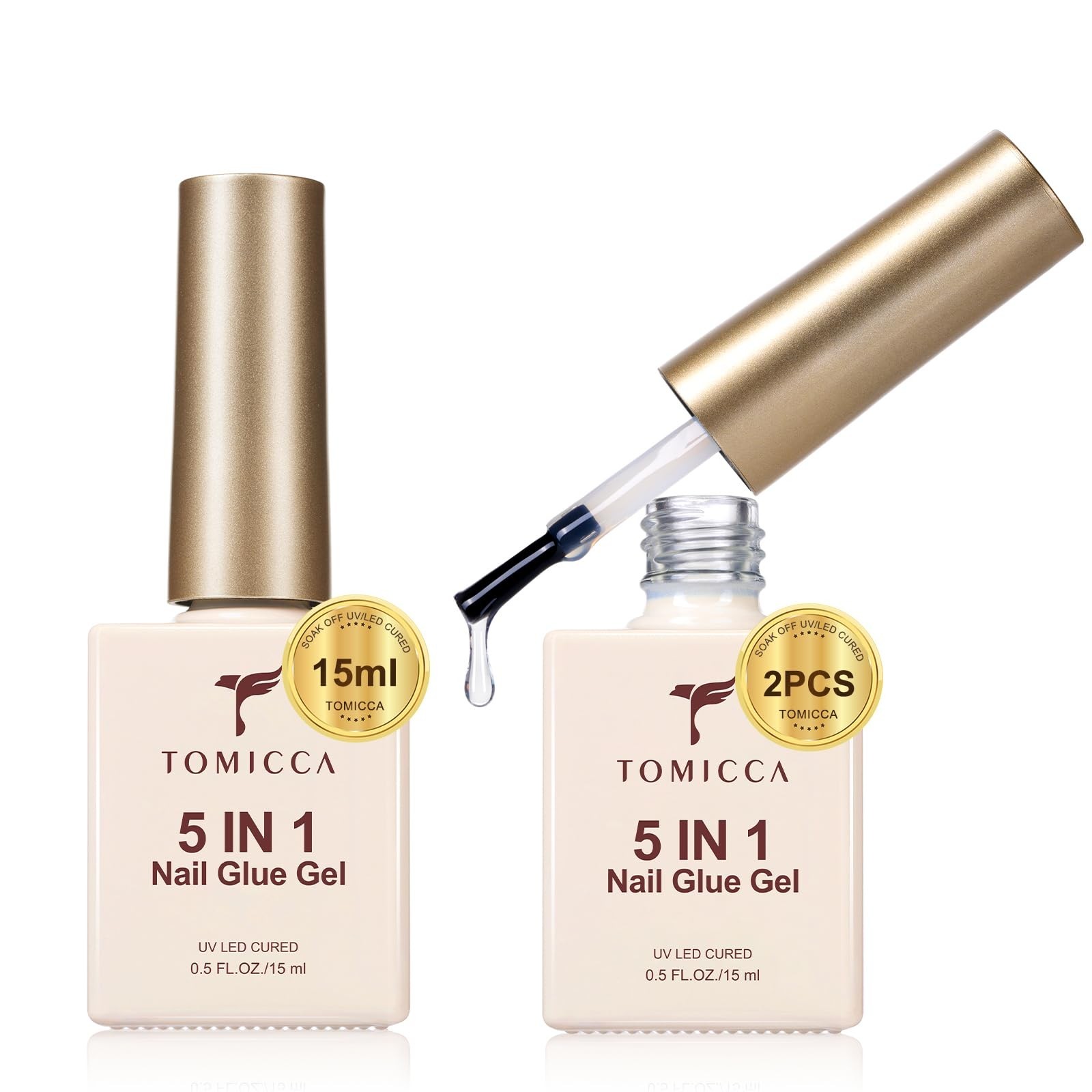 5-in-1 Gel Nail Glue for Acrylic Tips – 2x15ml Brush-On UV Adhesive, Long Lastin