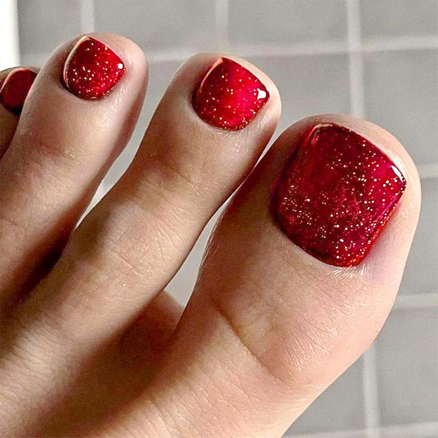 Red Press on Toenails Short Square Fake Toe Nails Red Glitter False Toenails Glo