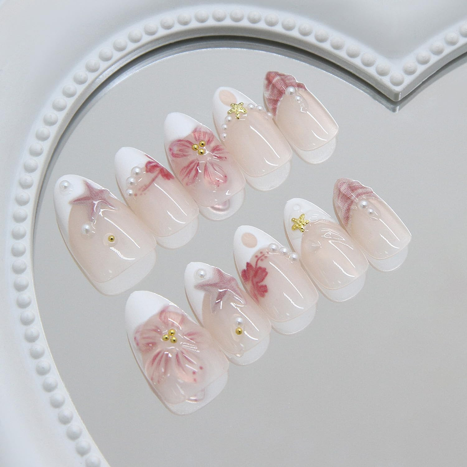 Nude Pink Summer Beach Press on Nails, Short Oval Fake Nails with 3D Cherry Star