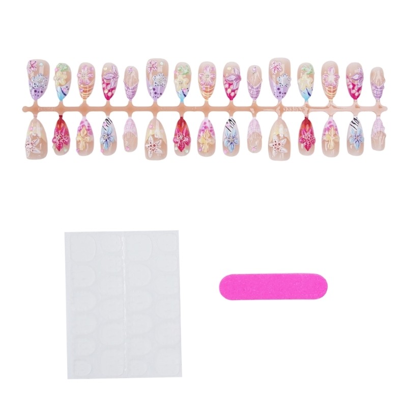 30 Piece Press-On Set in Pink Gradient Floral Style for Home Use