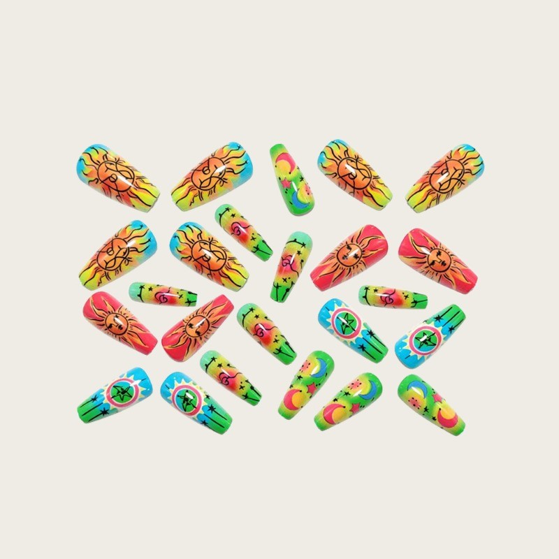 48pcs-Neon Sun & Moon Press on Nails, Coffin Shape with Psychedelic Gradient