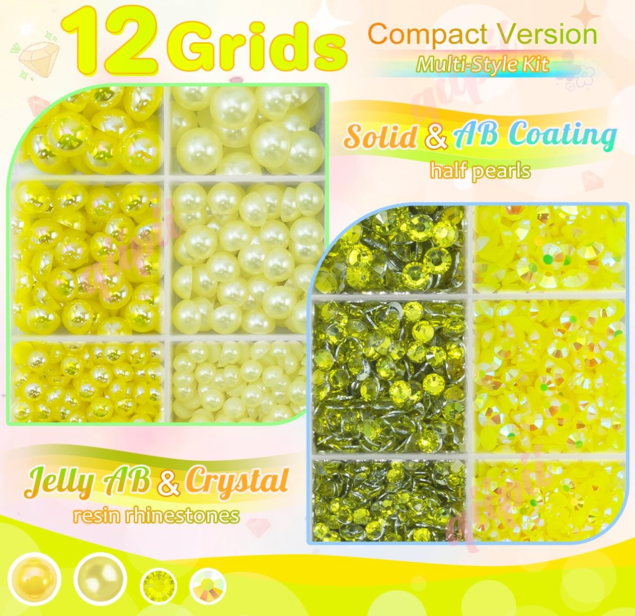 qiipii 3-8mm Lemon Yellow Flatback Pearls and Rhinestones for Bedazzling Craf…