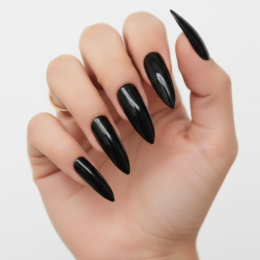 Black Glossy Halloween Design Sharp Stiletto Extra Long Press On False Nails