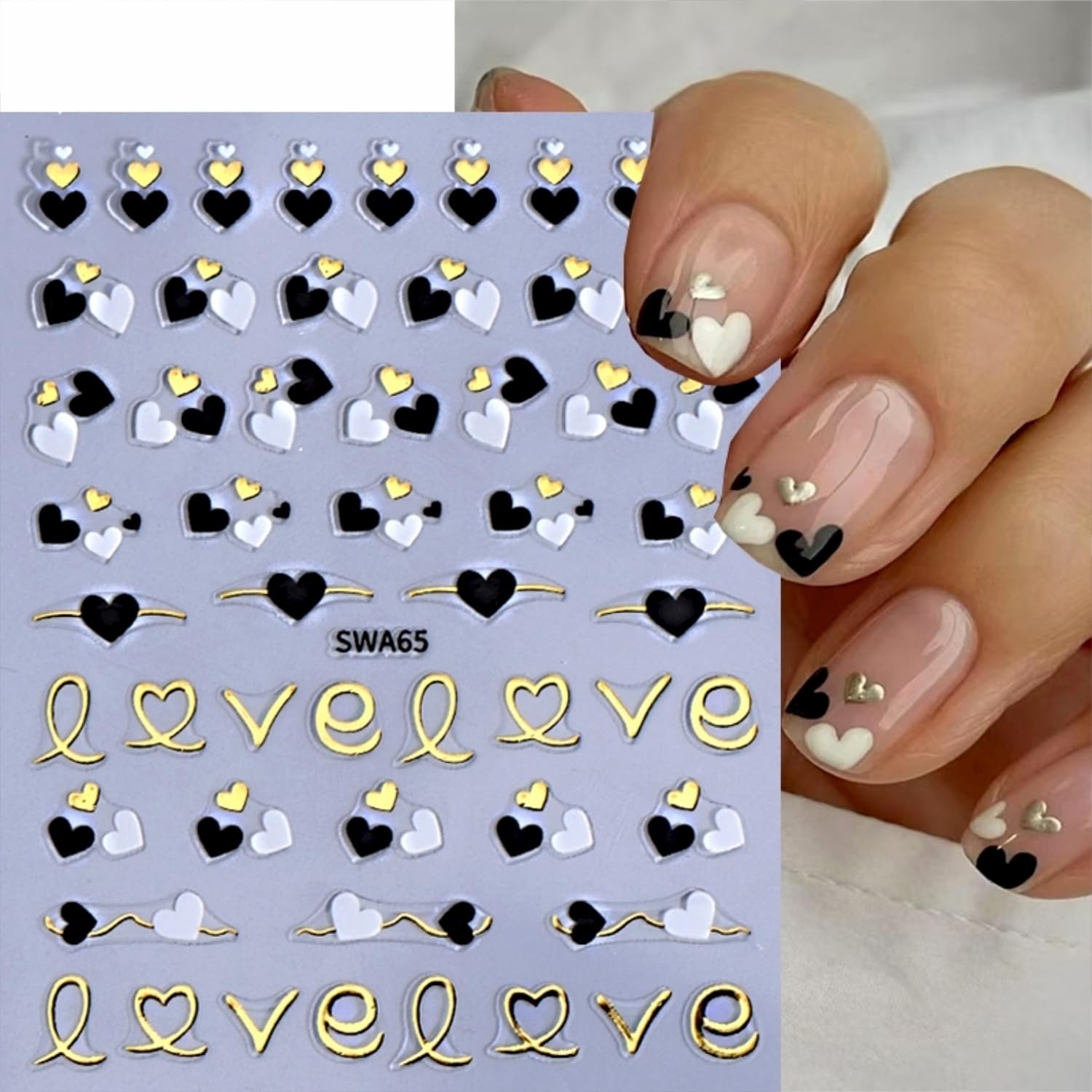 8 Sheets Heart Nail Art Stickers 3D Self Adhesive Gold Pink Decals