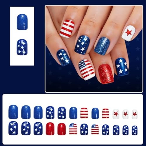 4th of July Press on Nails – Short Square Star Stripe Glitter Nails – A31