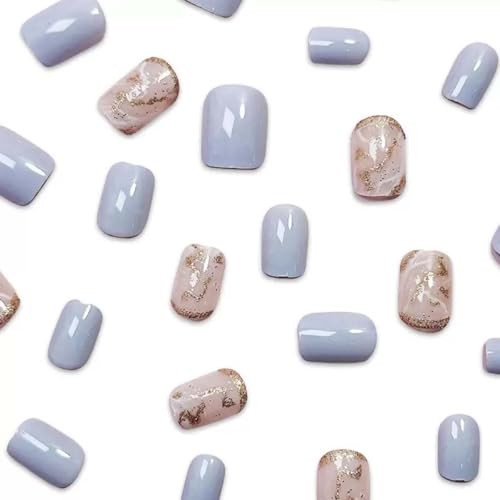 Square Press On Nails Fake Marbling with Short Blue Glitter D40